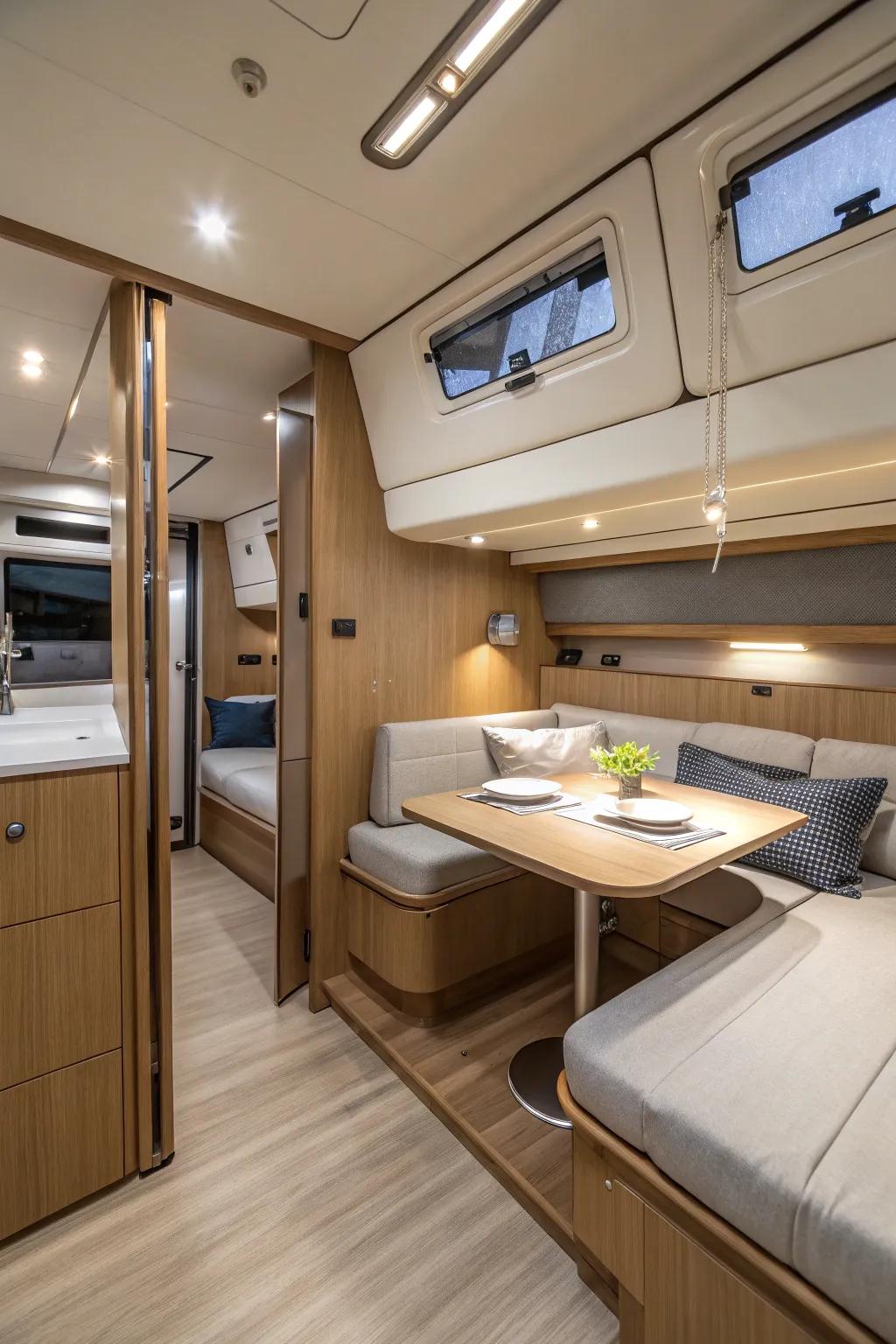 Fold-out furniture makes the most of space and use in cabins.