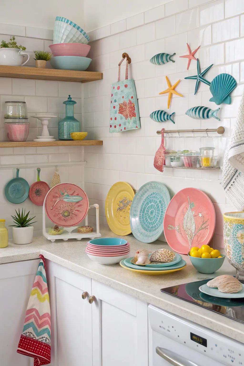 Colorful accessories append a spirited accent to this coastal kitchen.