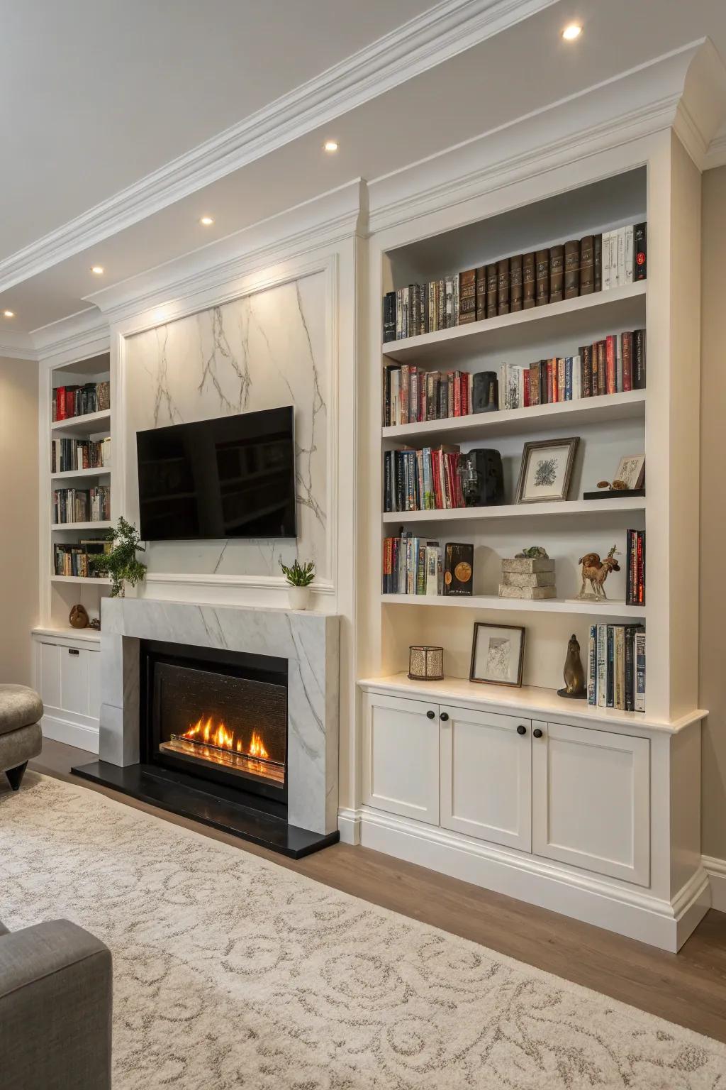 A modern living room where an electric fireplace is seamlessly merged with bookshelves.