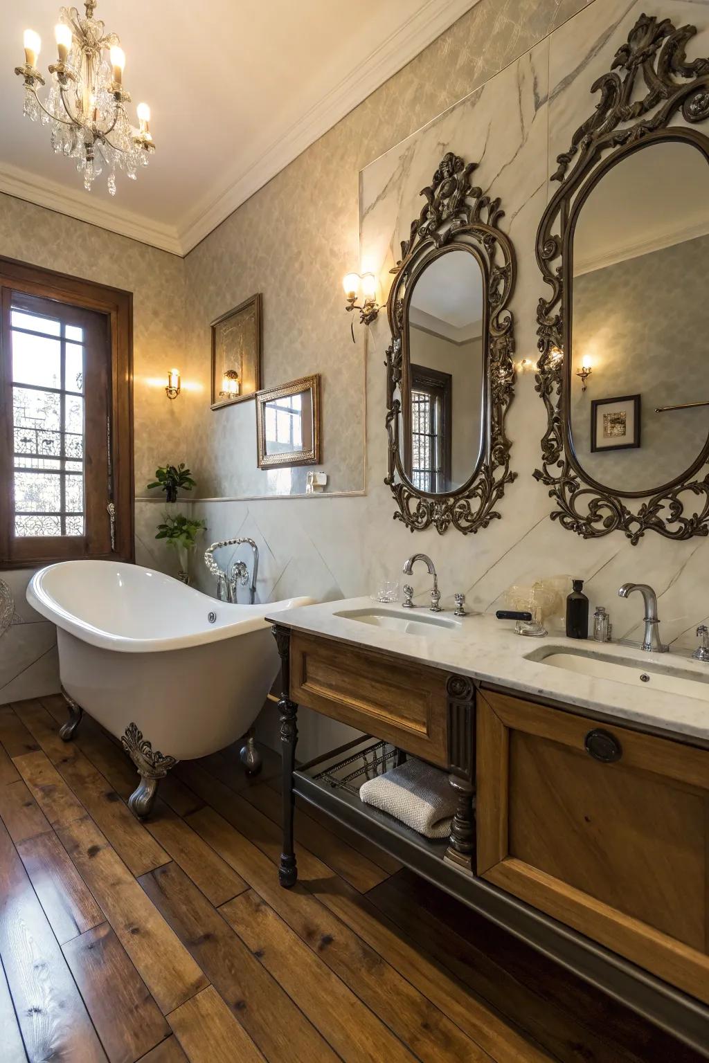 Old decor adds personal history to this farmhouse bathroom.