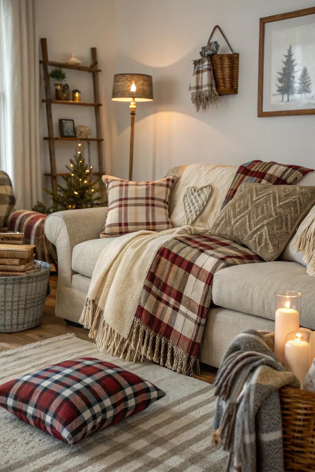Farmhouse-inspired fabrics add a classic touch to the modern living space.