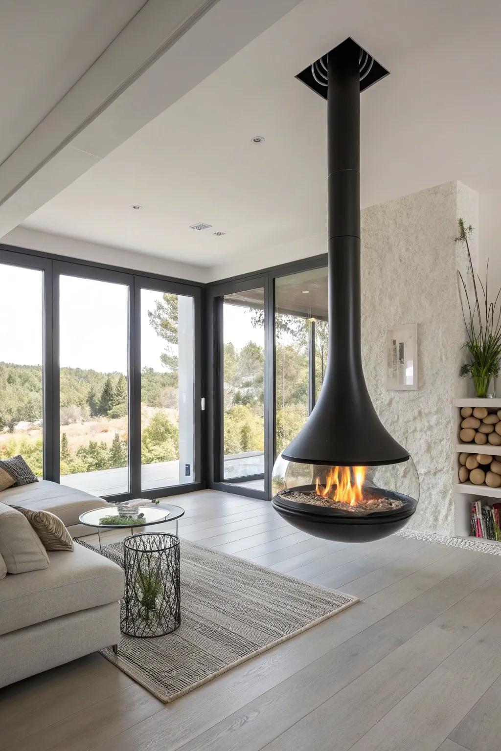 A floating glass fireplace offering a sleek and unobstructed view of the fire.