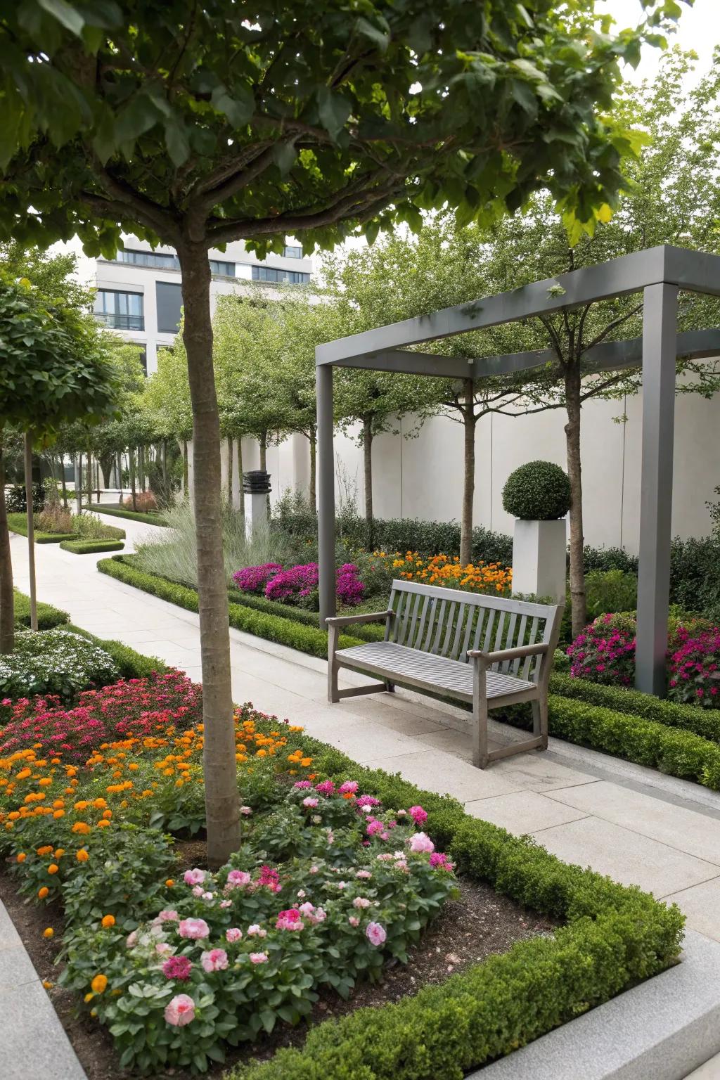 A secluded spot bordered by flowers crafts a tranquil retreat.