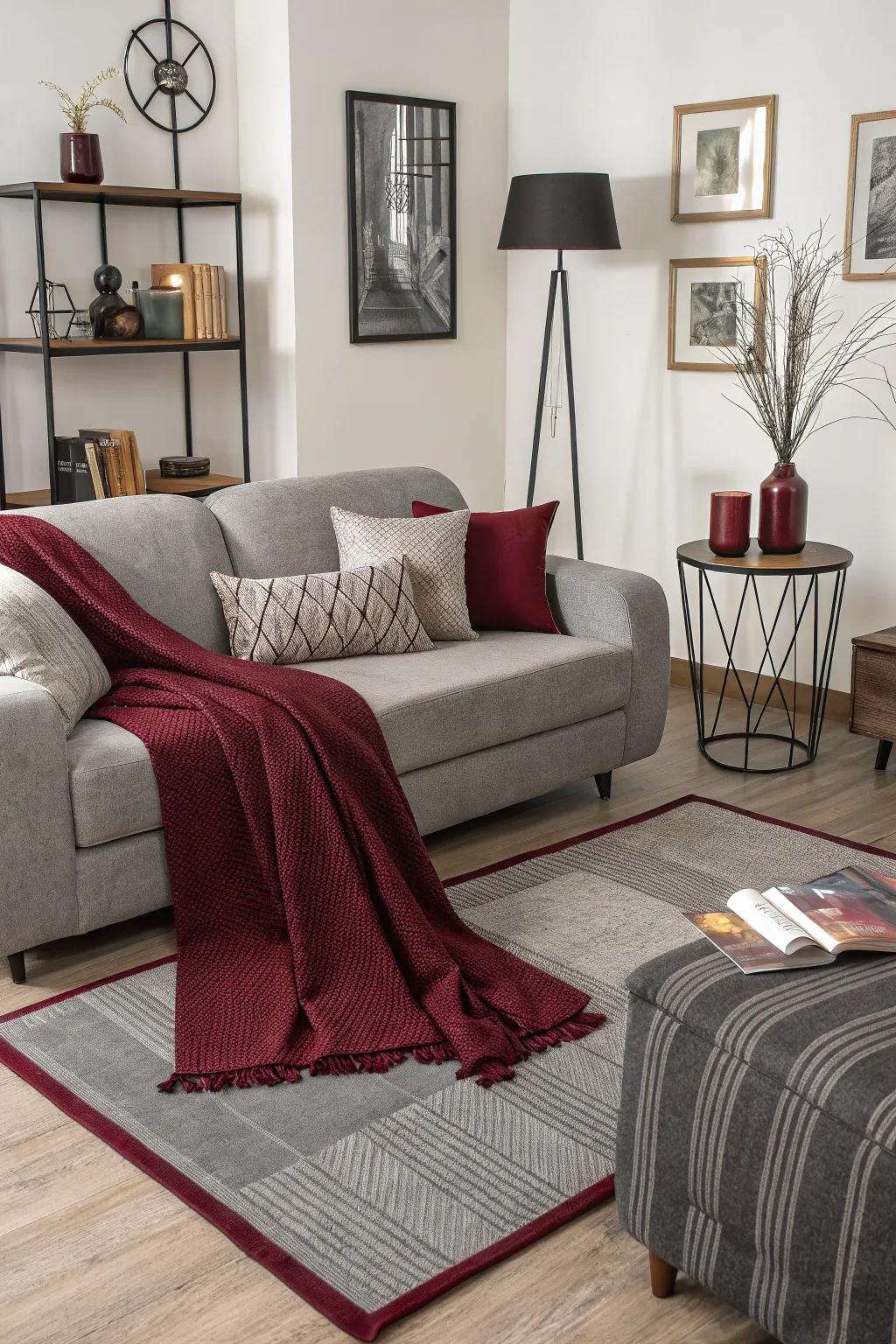 Lounge consisting of layered grey and deep red fabrics and contemporary decor.