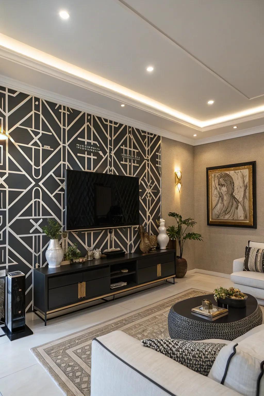 Black and white geometric patterns bring a chic and artistic touch to this living room.