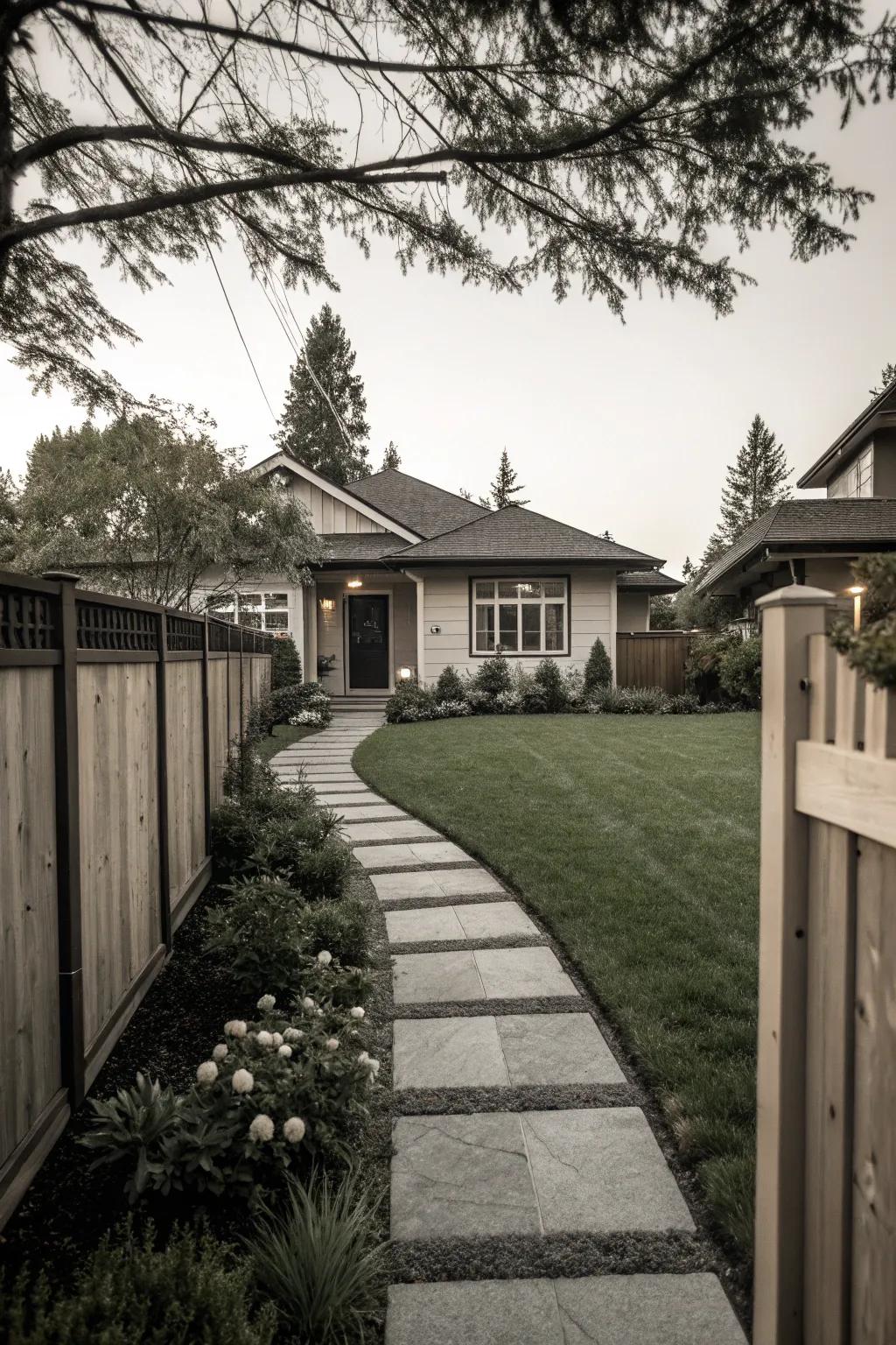 A single color scheme creating a sleek look in a modern front yard.