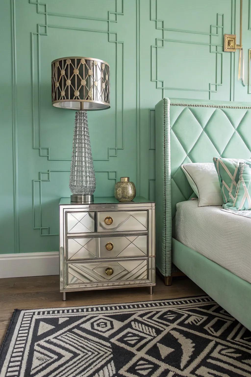Art Deco elements enriching a soft jade bedroom.