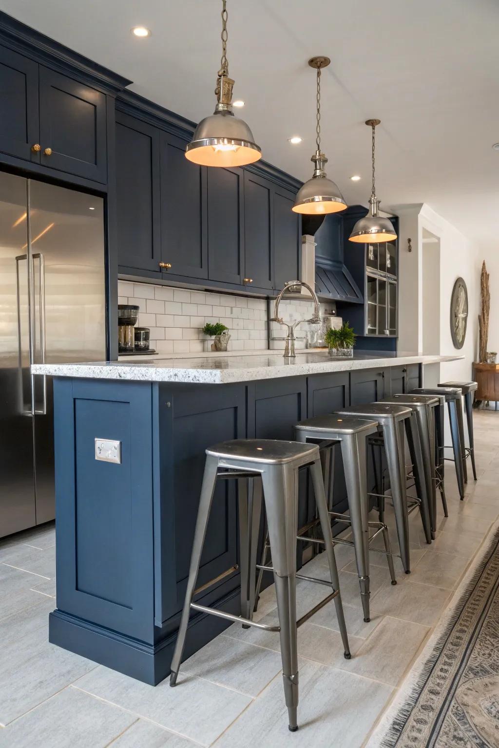 Factory components enhance the modern edge of marine blue kitchen designs.