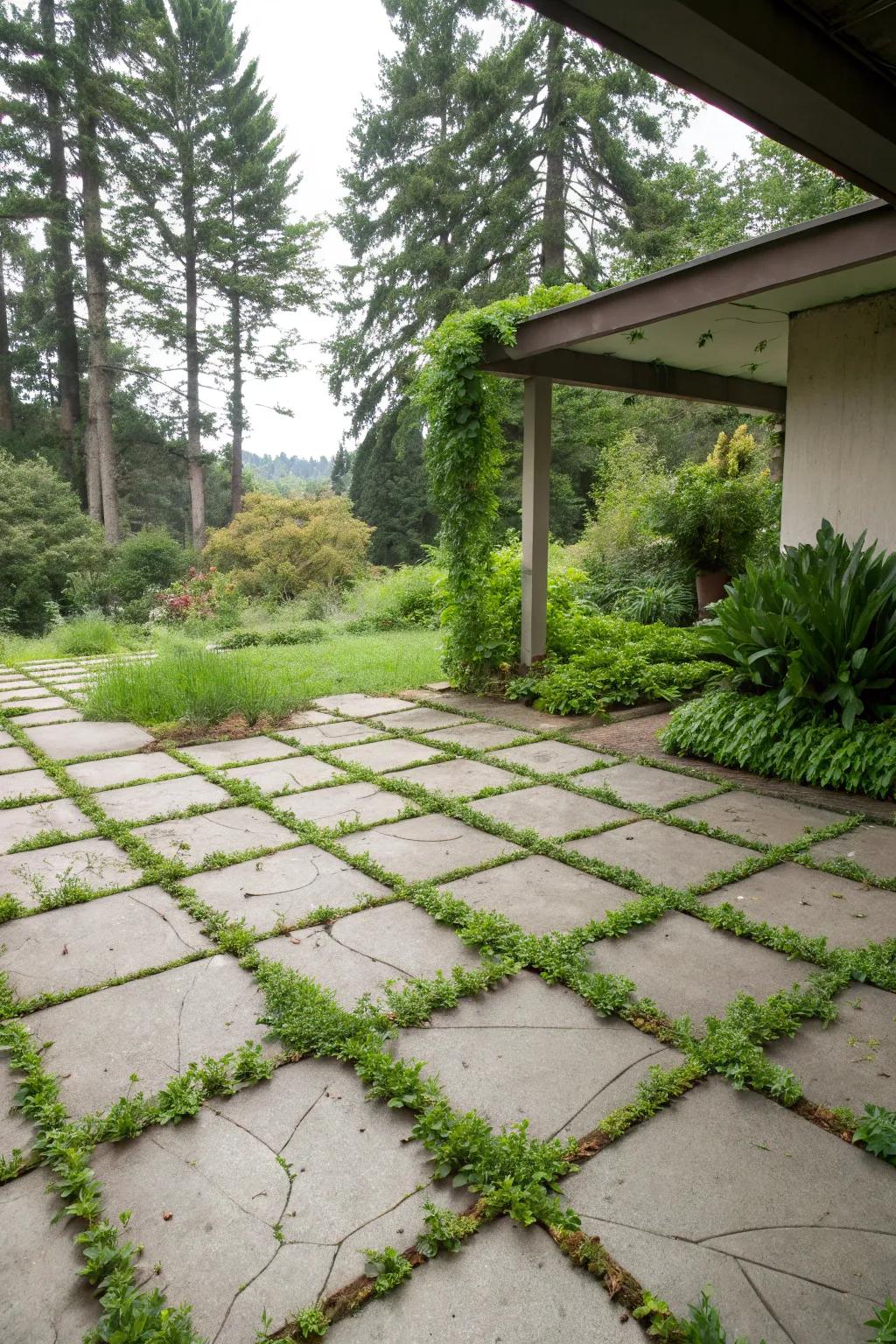 Integrate greenery with tile gaps for a natural touch.