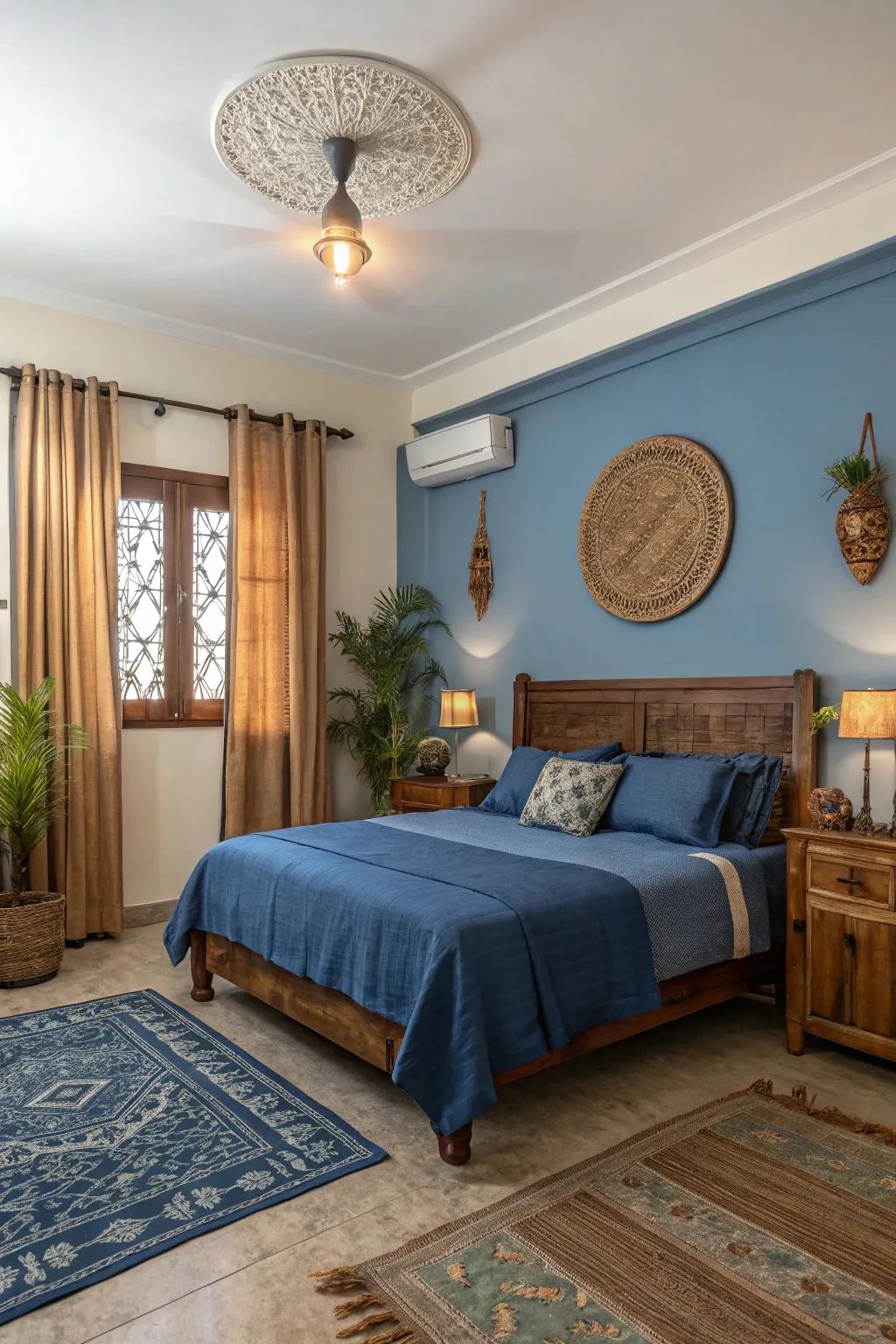 Earthy tones and sapphire create a harmonious and grounded aesthetic.