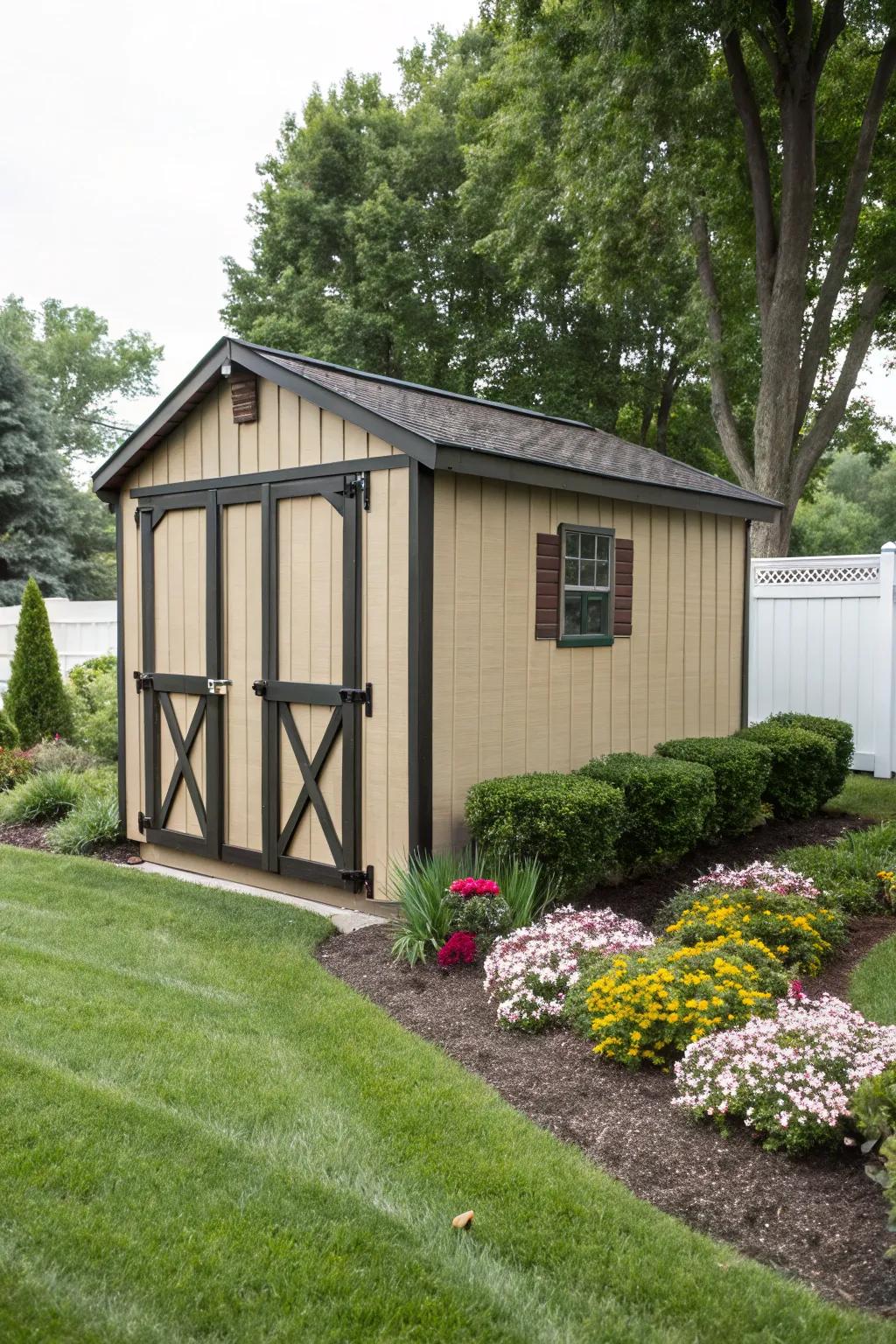 An elegant beige shed, creating a harmonious garden backdrop.