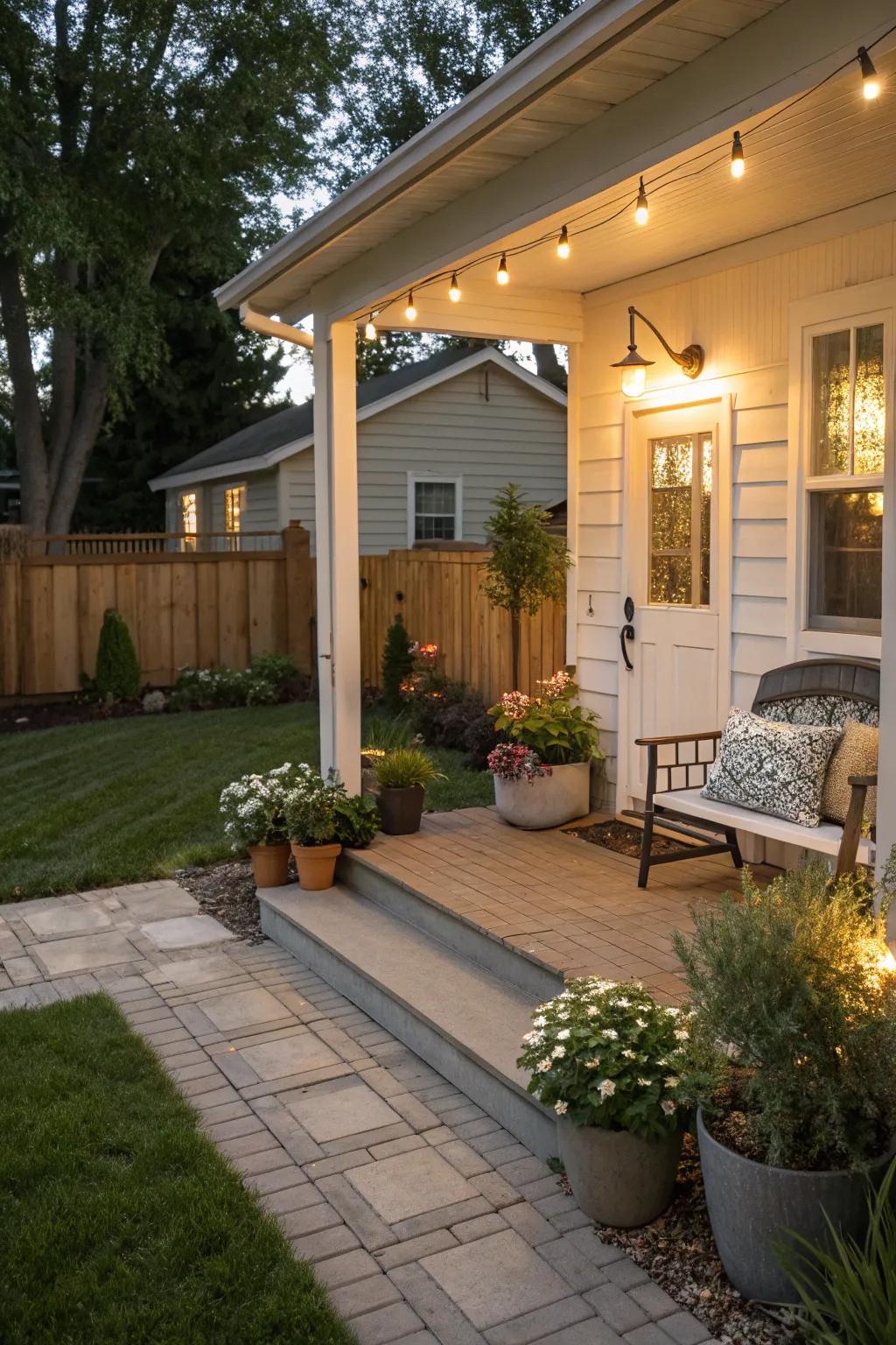 A small front porch illuminated by modern smart lighting, enhancing its ambiance and creating a welcoming glow.