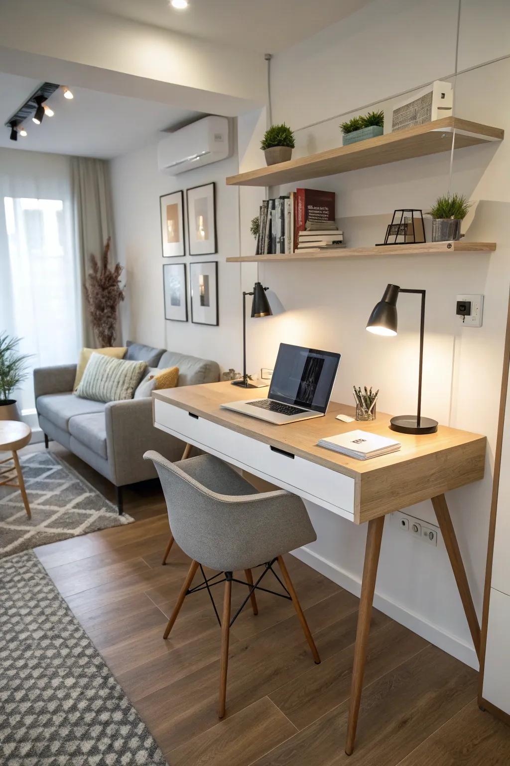 A studio apartment featuring a chic floating desk that is perfect for small home offices.
