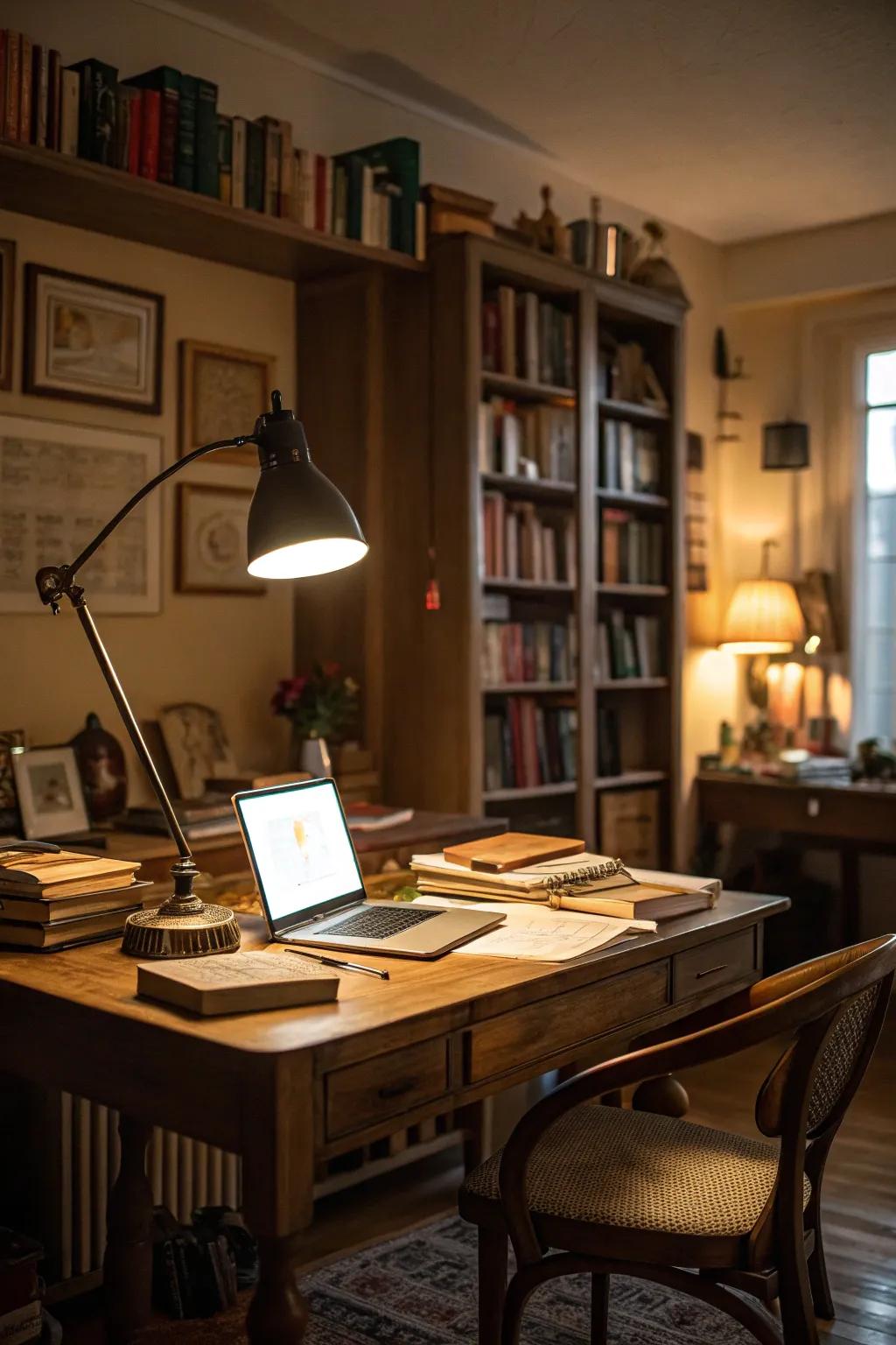 A study room featuring layered lighting for a cozy ambiance.