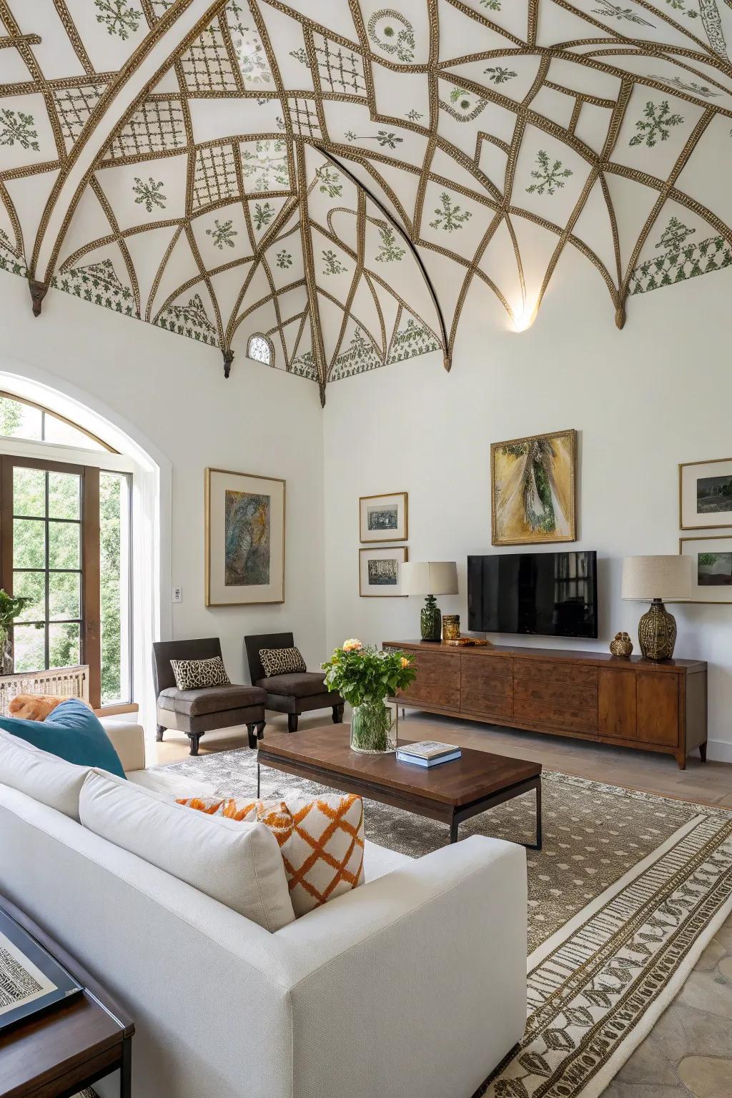 Repeating designs introduce a modern edge to this stylish vaulted ceiling room.