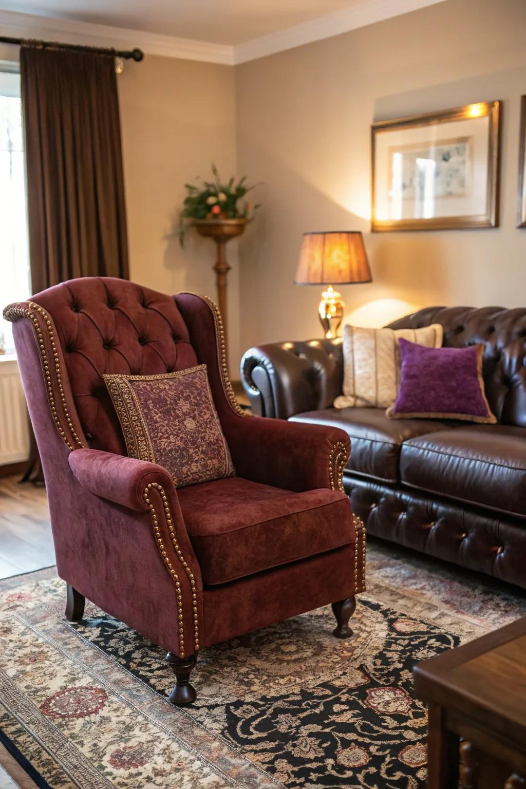 Luxurious furniture enhancing a moody living room.