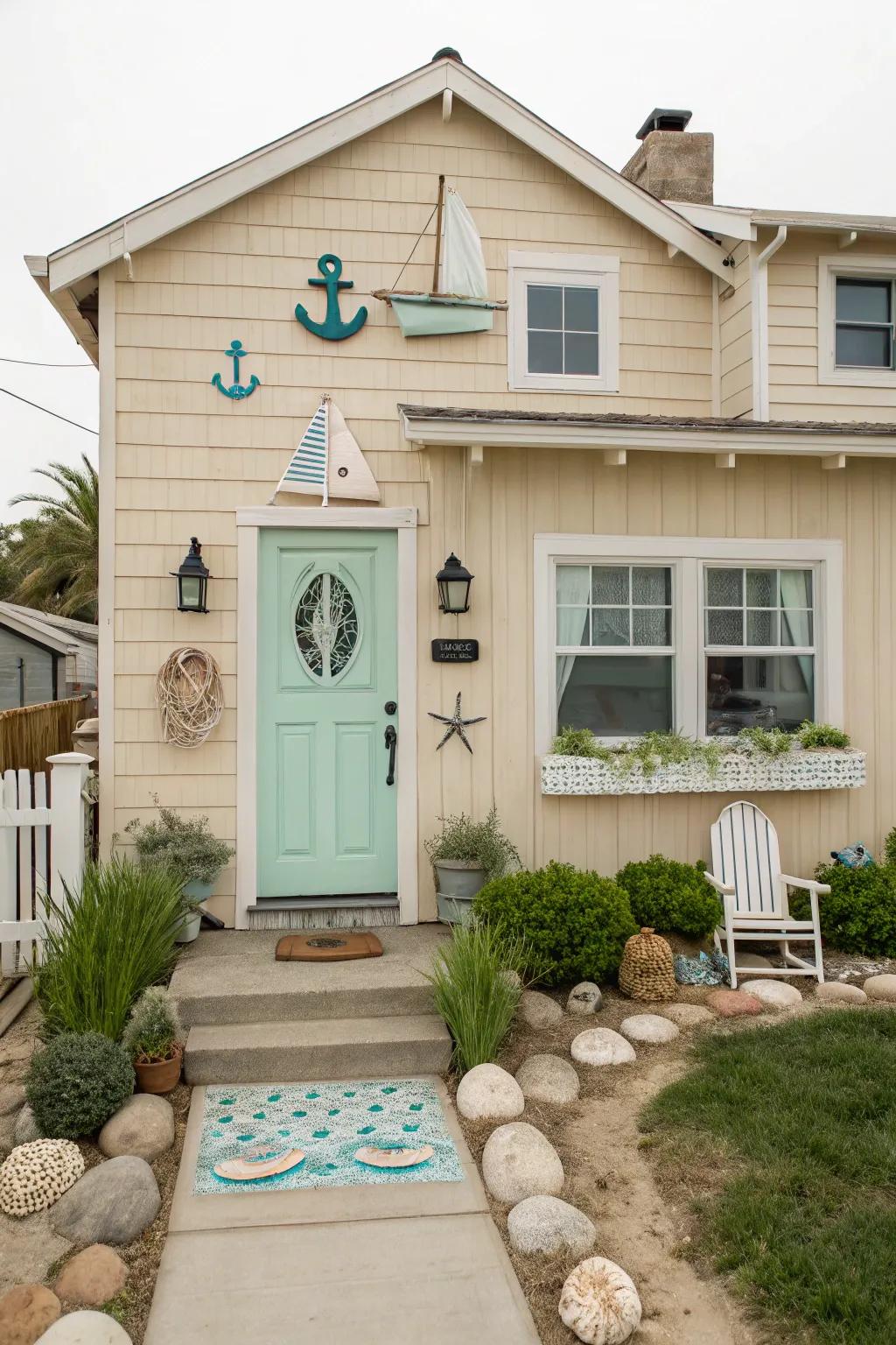 Aquatic front door gives a coastal vibe to a beige house.