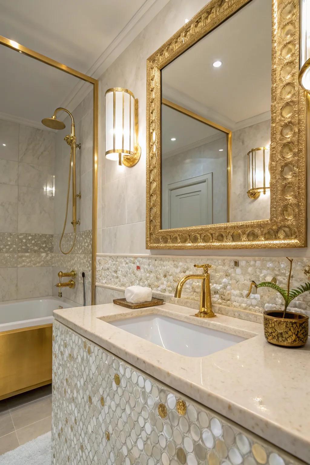 Luxurious accents paired with mother of pearl tiles create an opulent atmosphere.