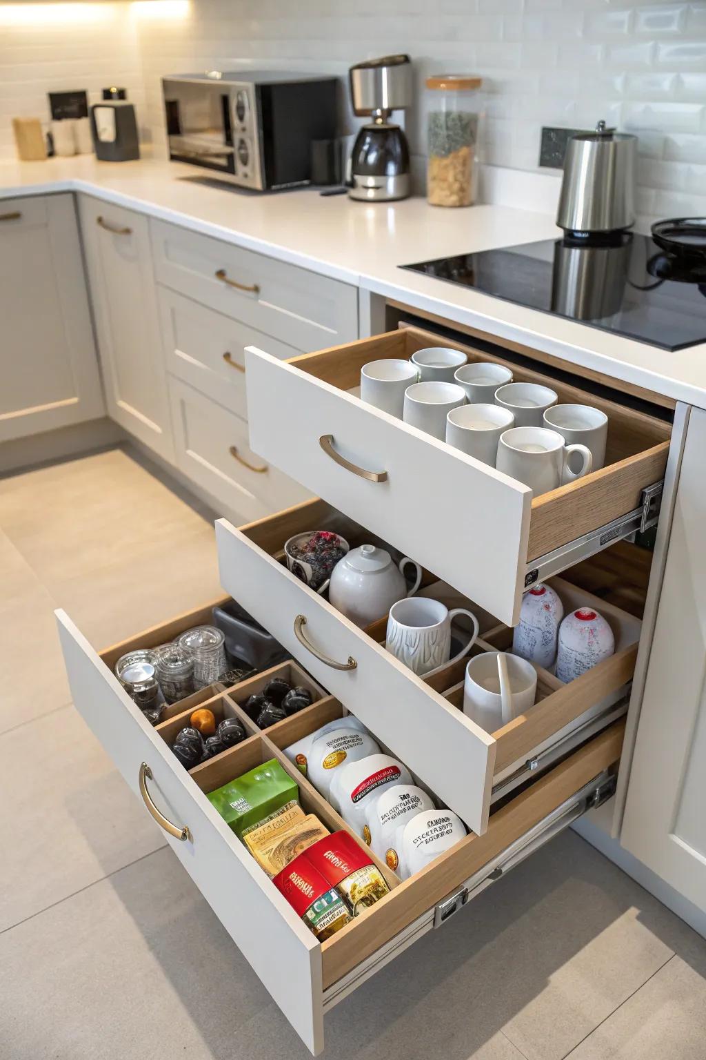 Organize your mugs efficiently with pull-out cabinet drawers.