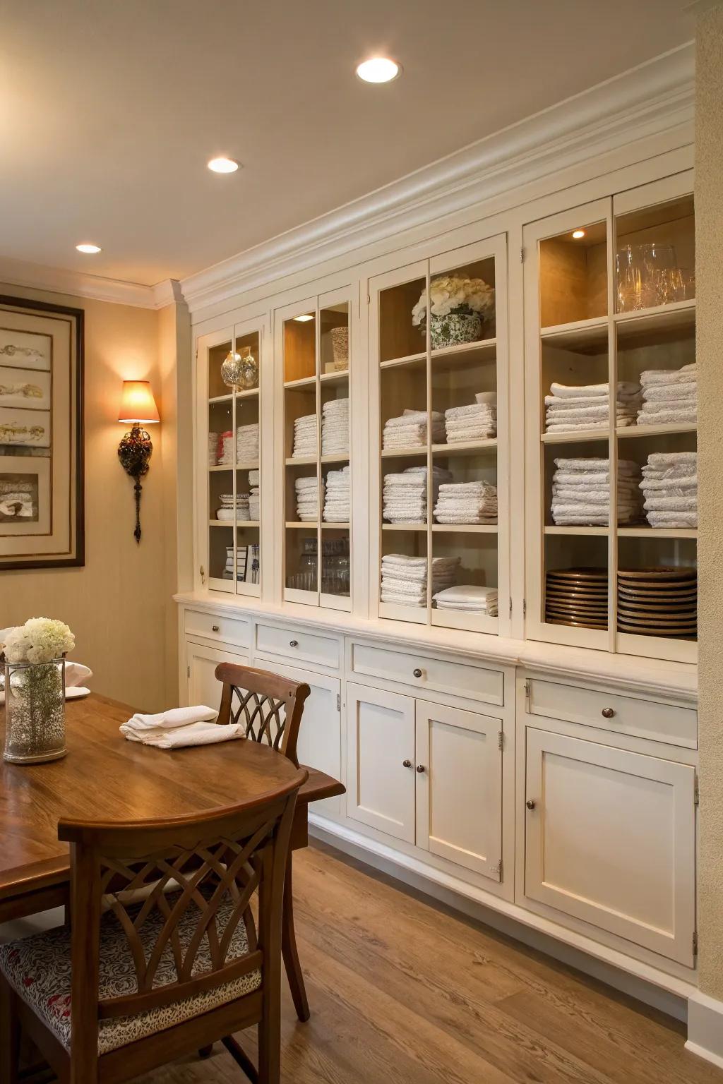 Custom integrated cabinets provide a sophisticated solution to arrange napkins.