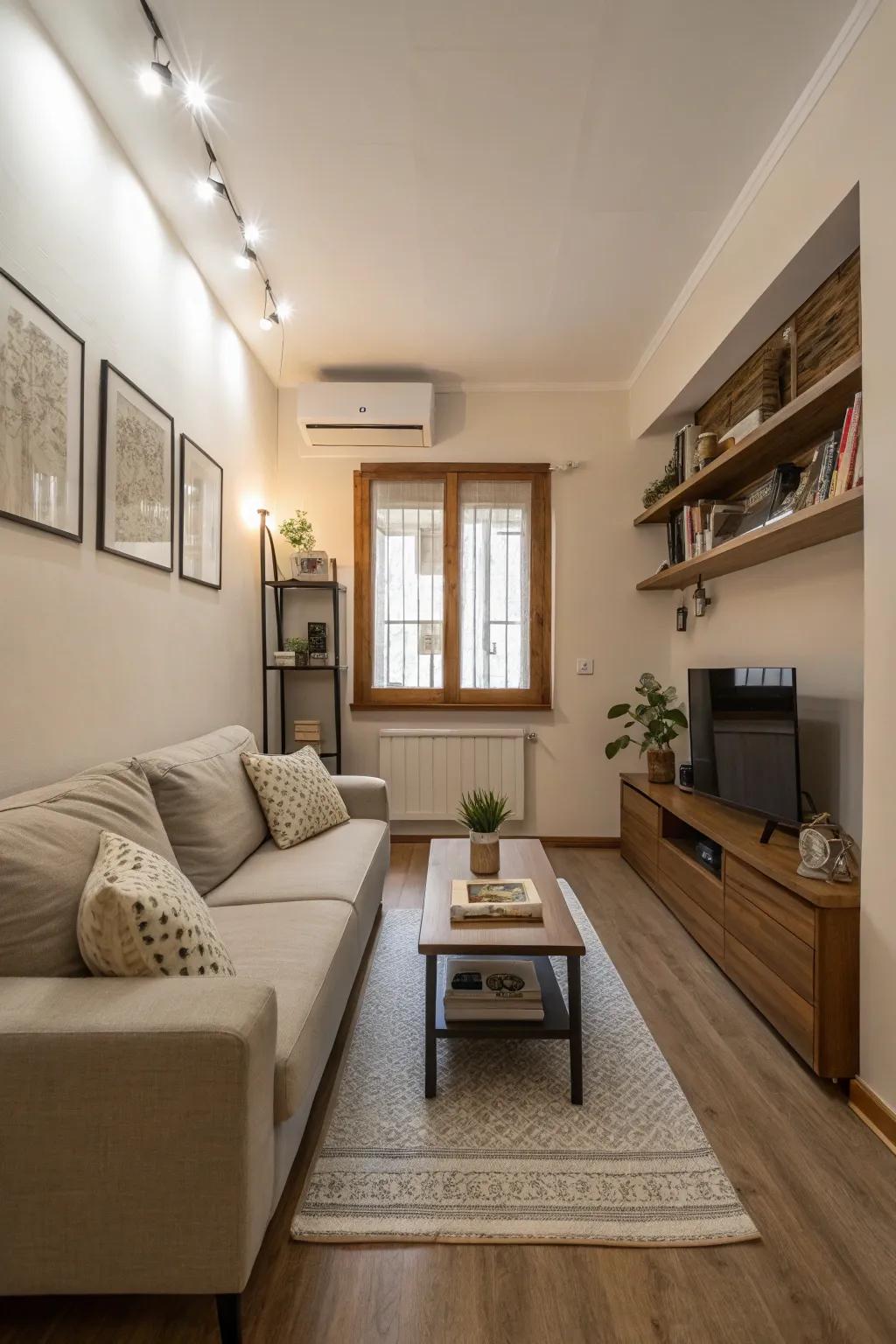 Reduced profile furnishings keeping sightlines open in a narrow living space.