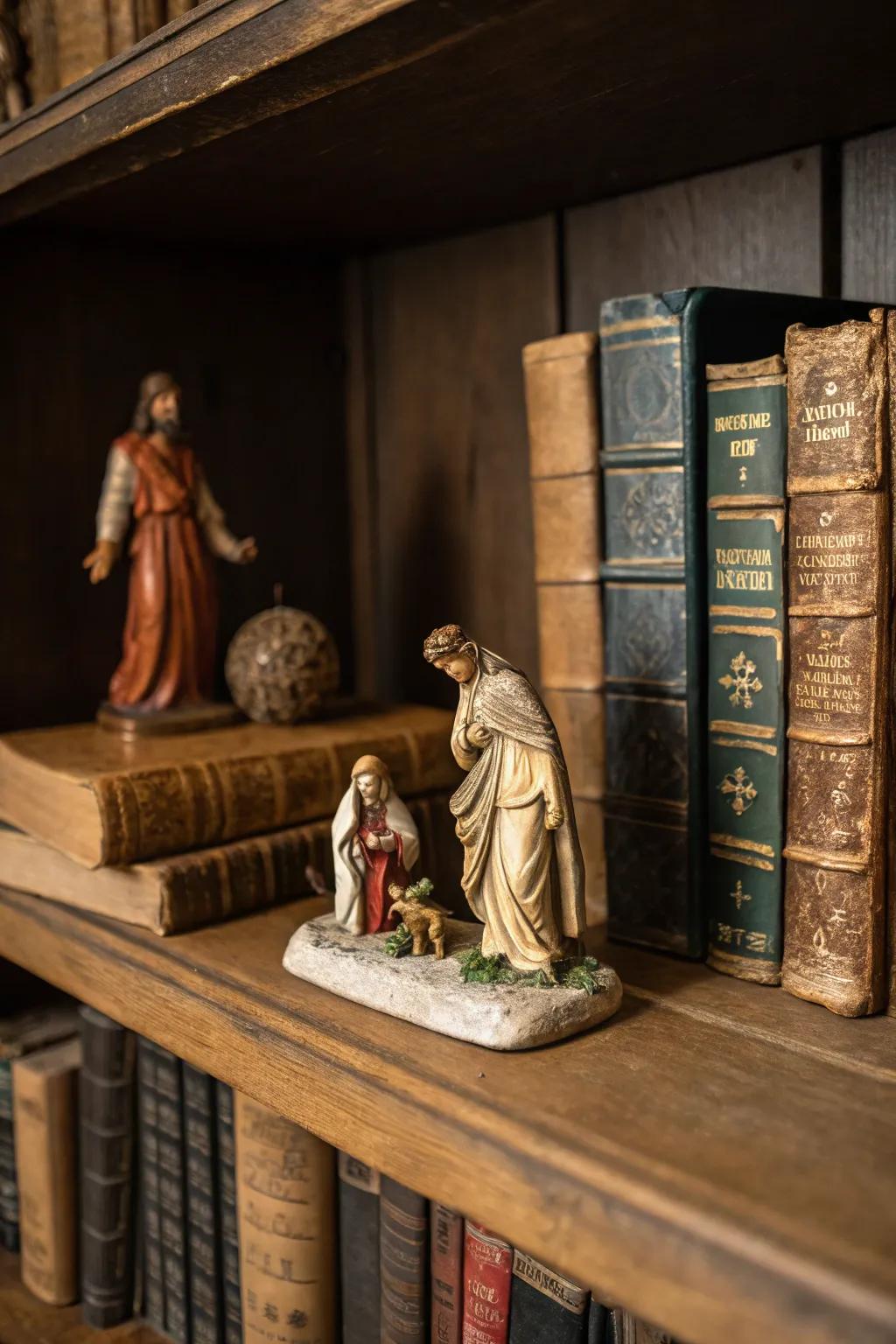 A literary-inspired nativity presentation featuring vintage tomes.