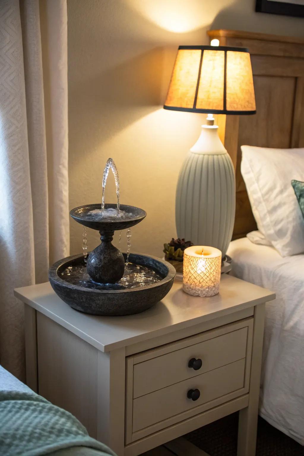 A water feature builds a serene soundscape to the bedroom.