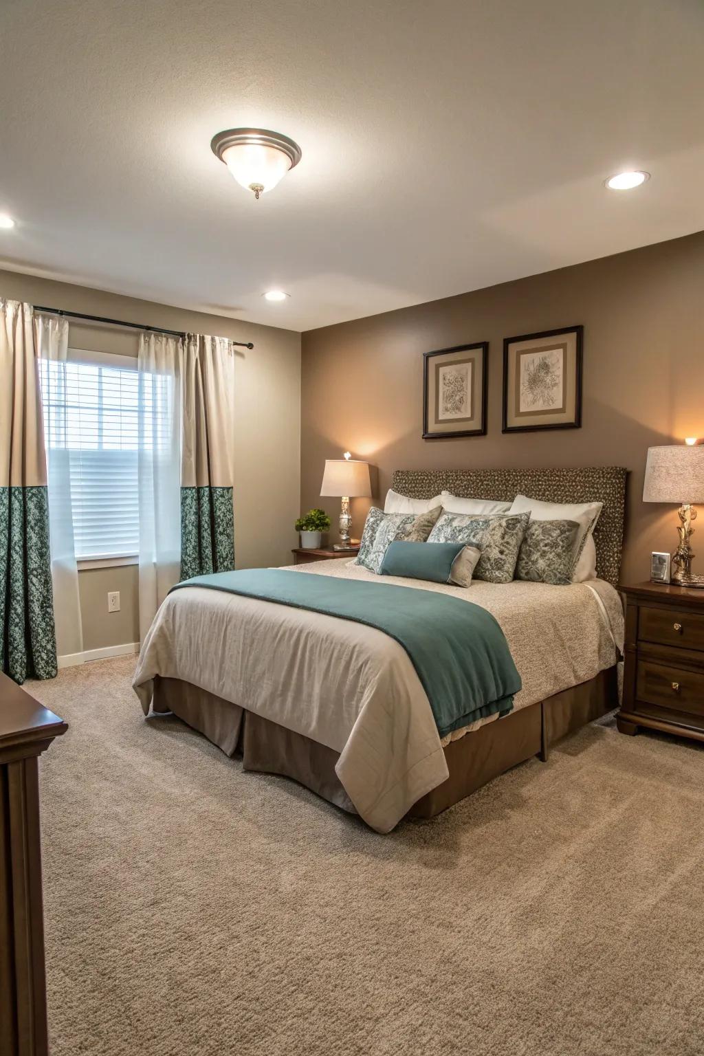 Harmonious carpet tones fashion a cohesive bedroom environment.