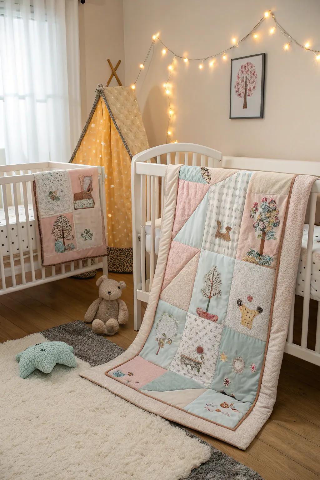 Quilts offer comfort and individual flair to twin nurseries.