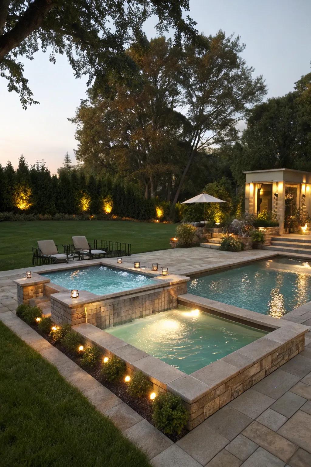 A pool with an integrated spa, delivering a comprehensive relaxation escapade.