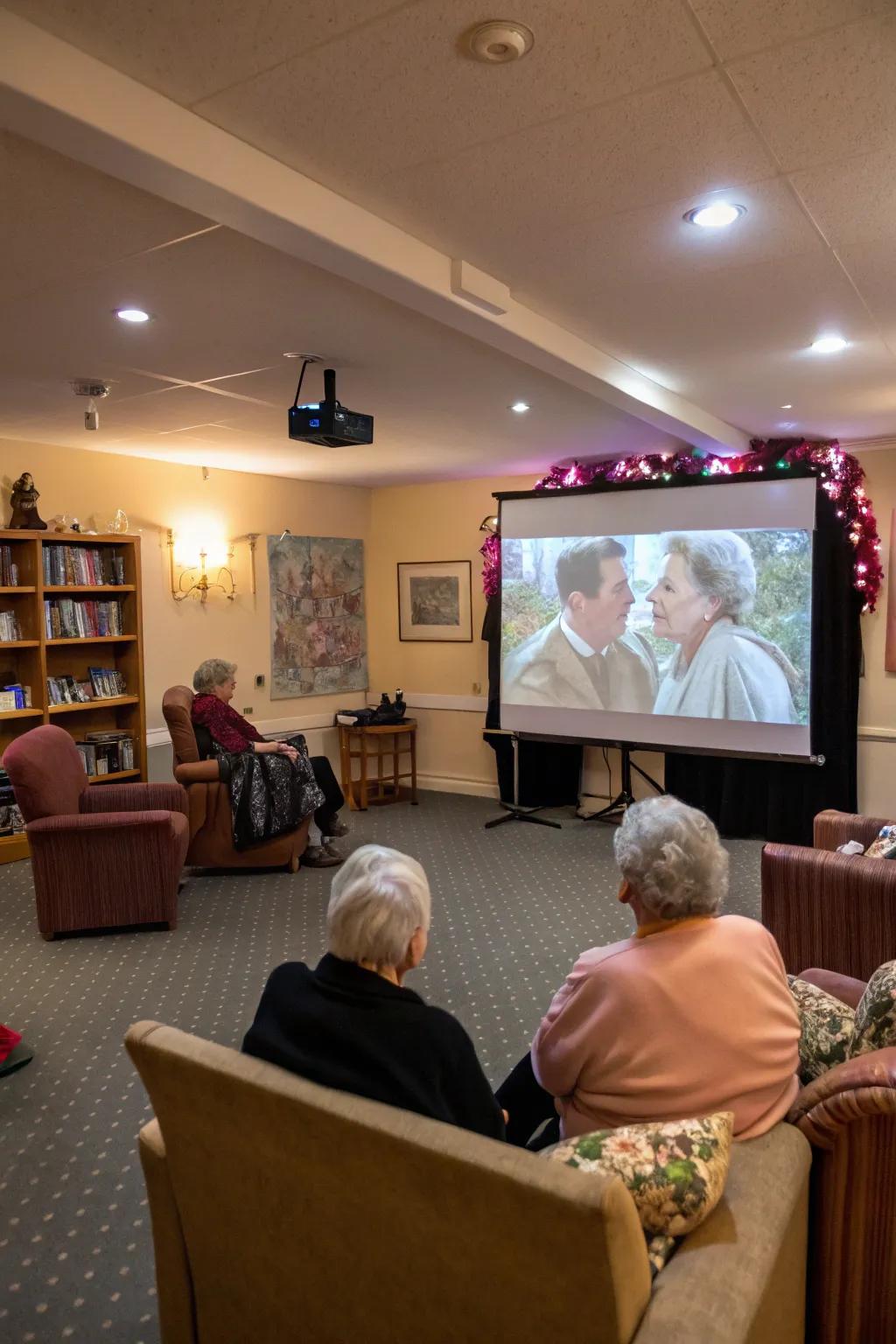 A snug movie display of iconic romantic films for Valentine's Day.