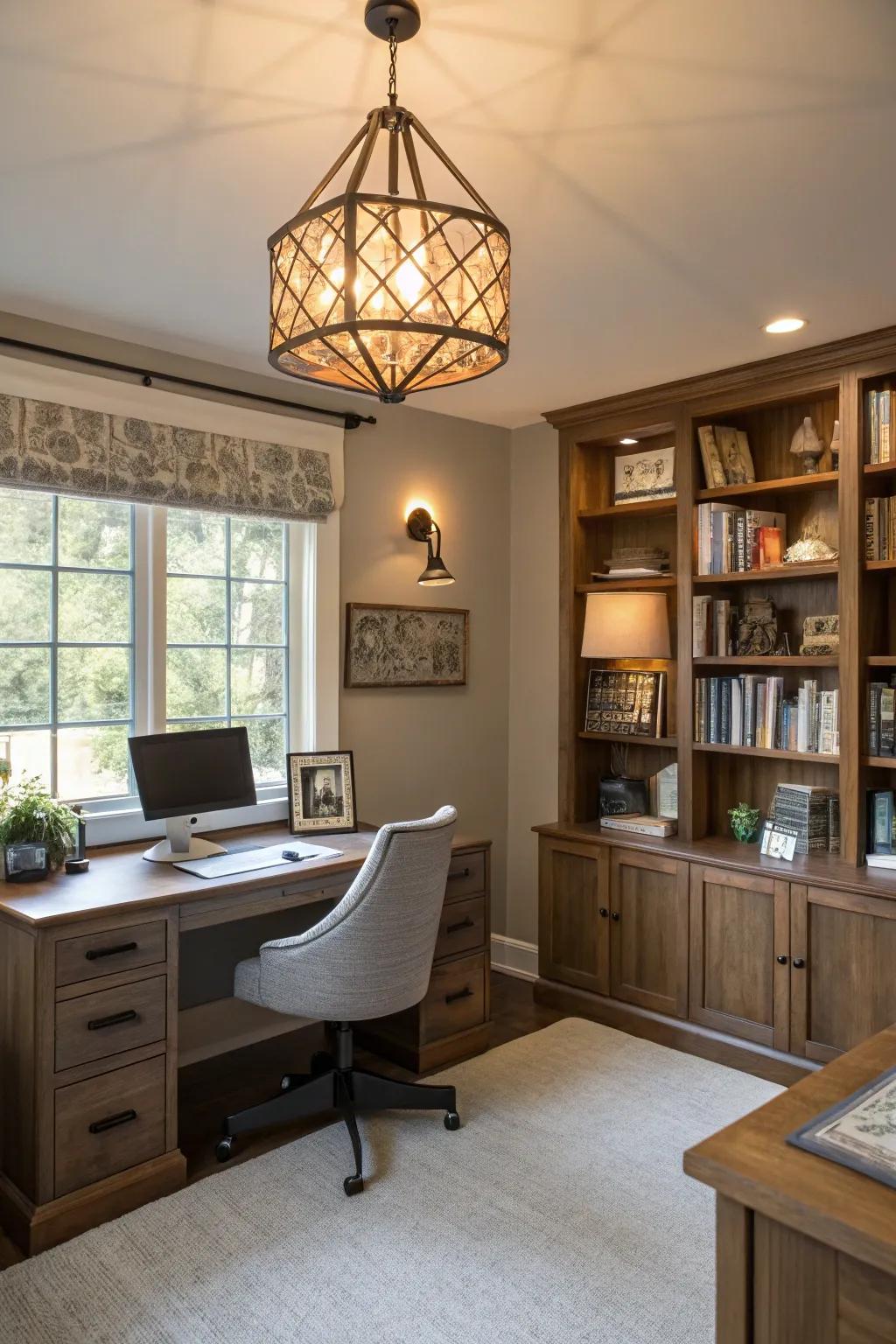 A statement light fixture adds artistic illumination to the Zoom background.