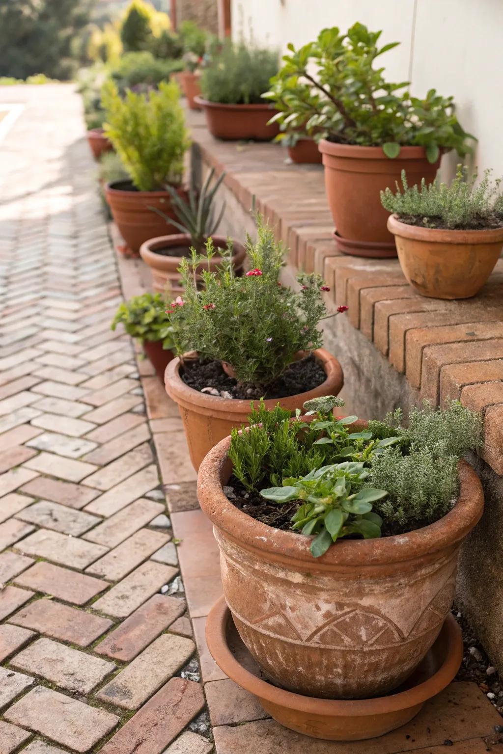 Terracotta pots add warmth and charm to the patio