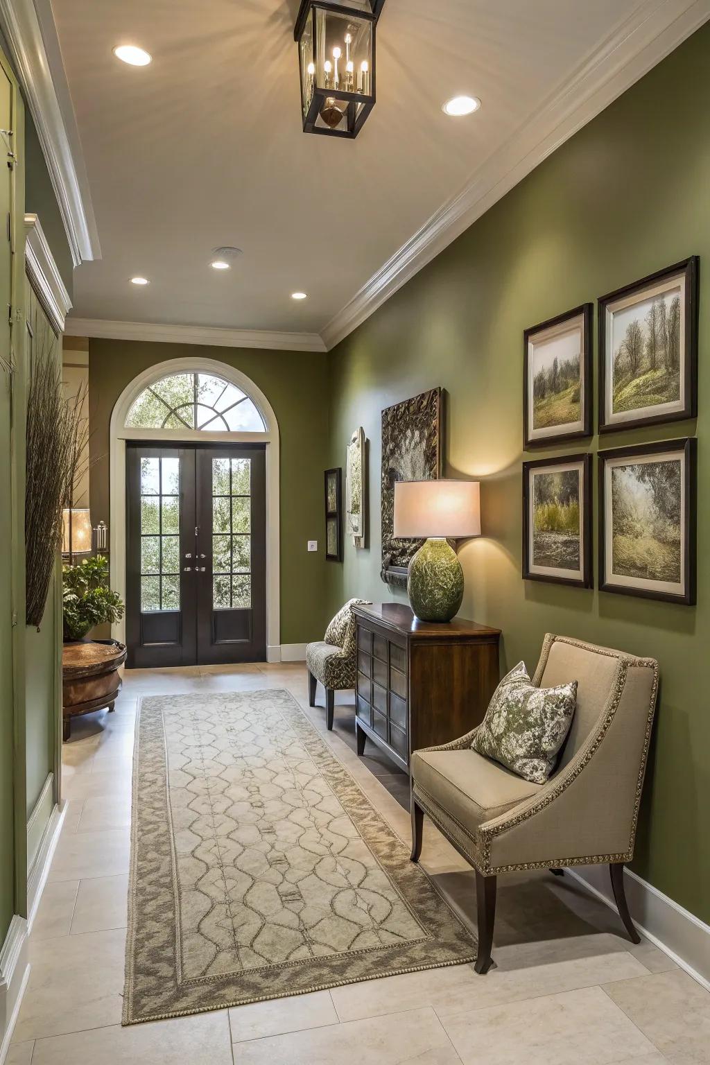 The olive green entryway is warm and inviting.