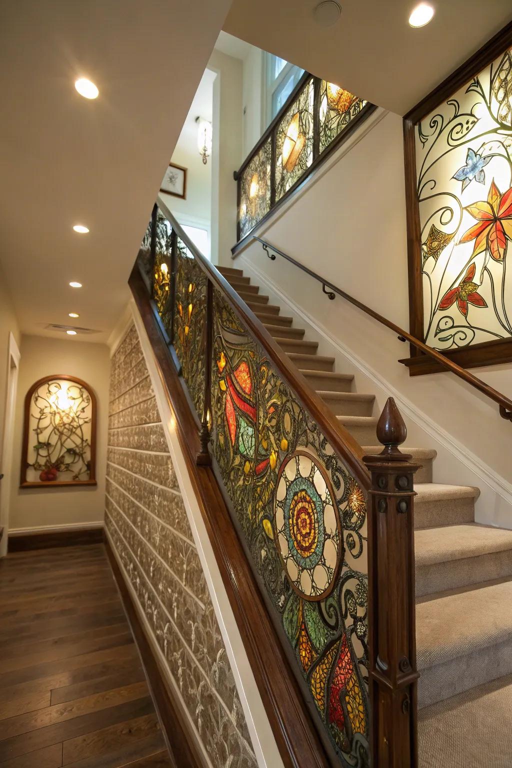 An artistic glass mosaic turns your stairway into a masterpiece.