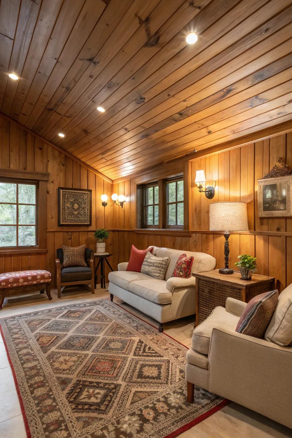 A snug retreat showcasing a timber-paneled ceiling for supplemental warmth.