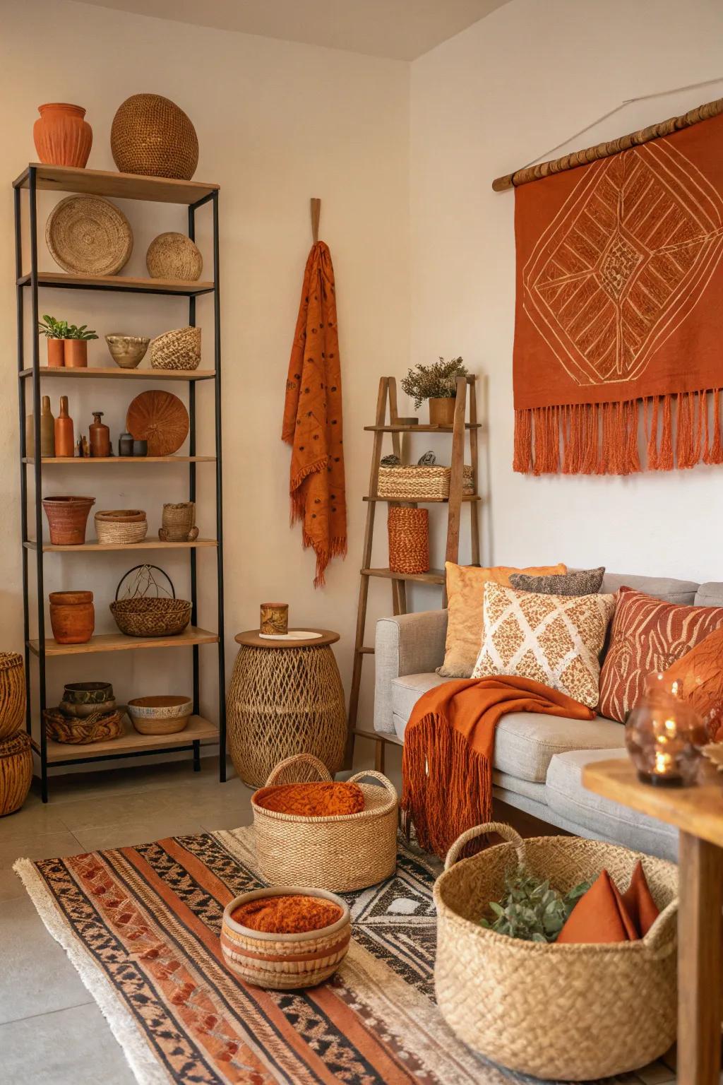 Artisan crafts in orange introduce unique character and narrative to the space.
