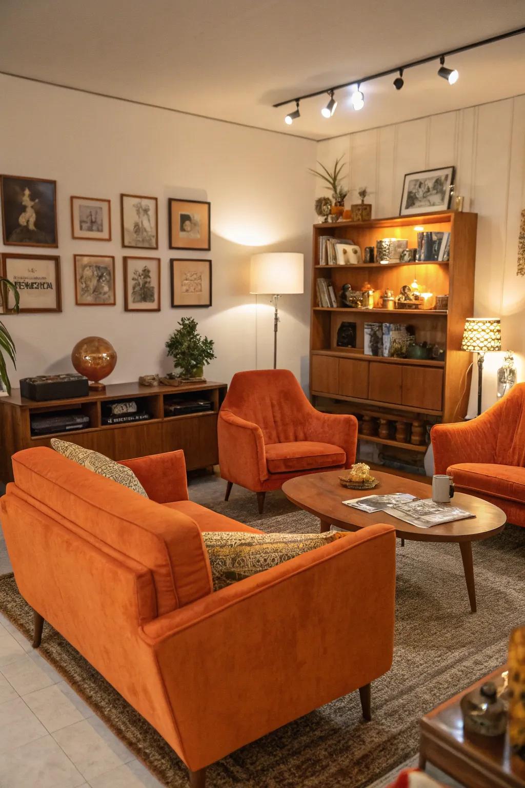 A living area features vintage orange furnishings that offer an original charm.