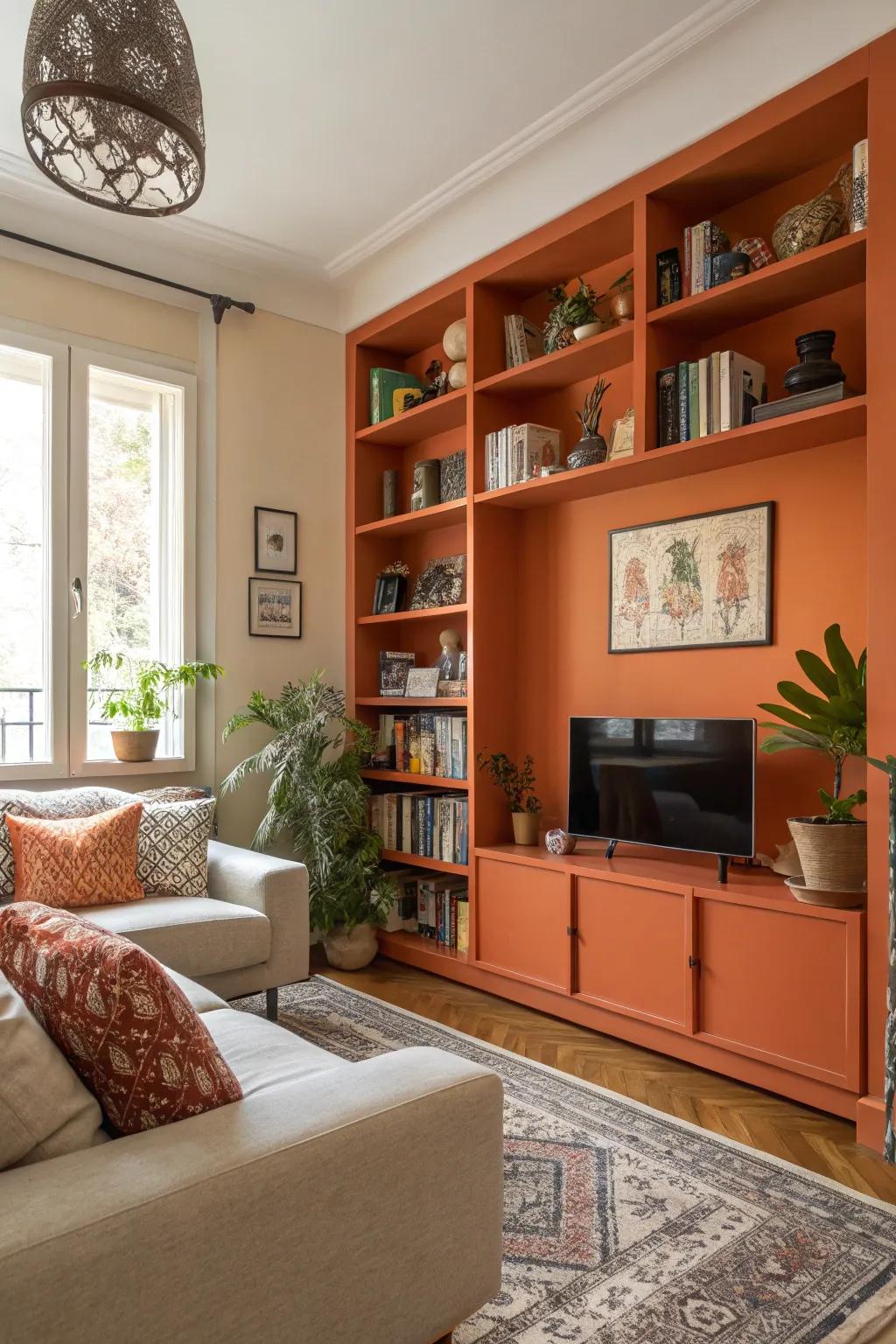 A living area where tangerine display units add both character and function.