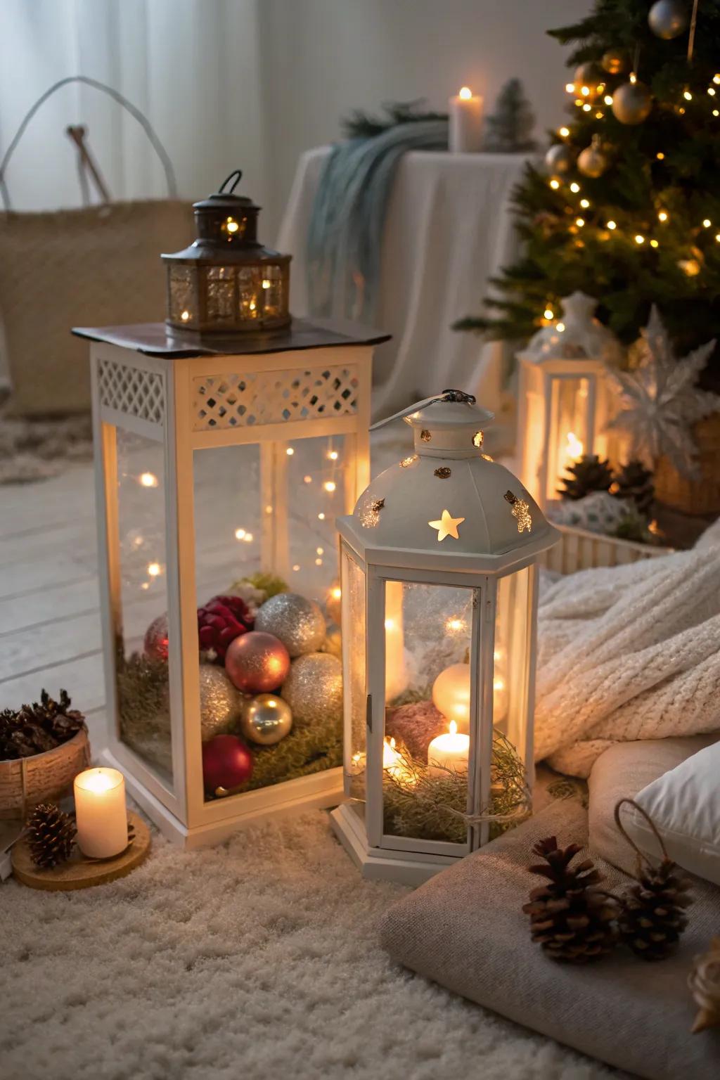 Charming lanterns filled with ornaments for a cozy glow.
