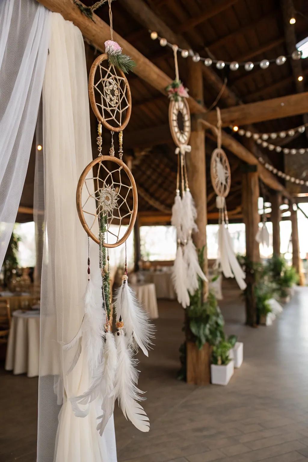 Whimsical handmade fantasies append charm to the wedding venue.