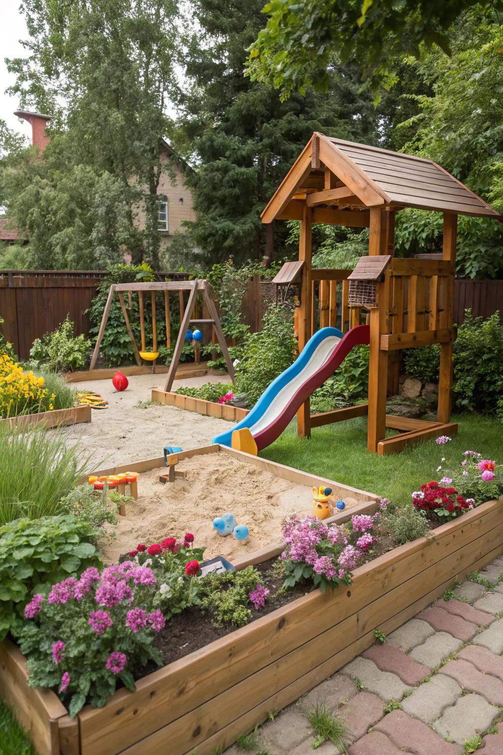 A children’s playground makes the garden family-friendly.