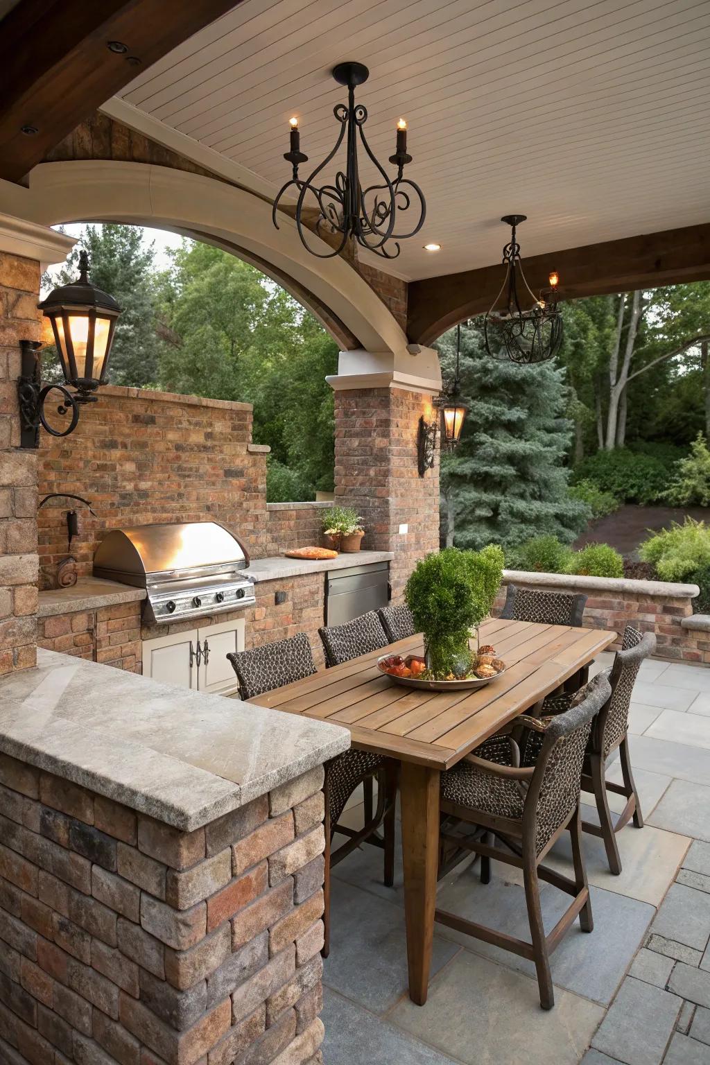 Wall sconces give outdoor kitchens an artistic flair.