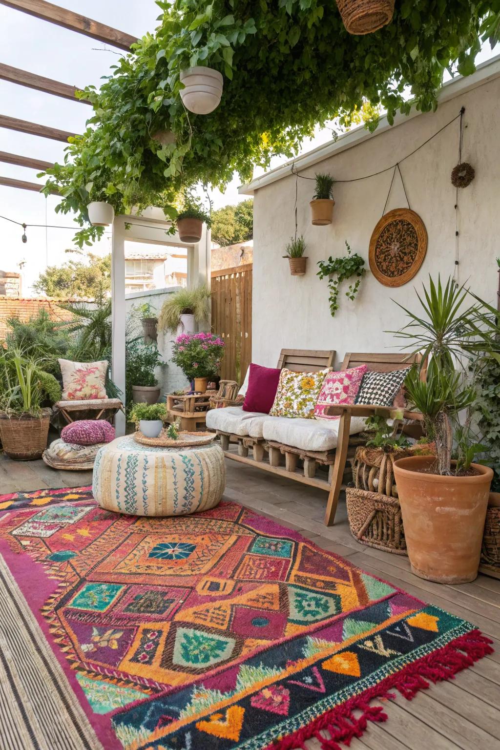 Bohemian vibe through colorful rugs.