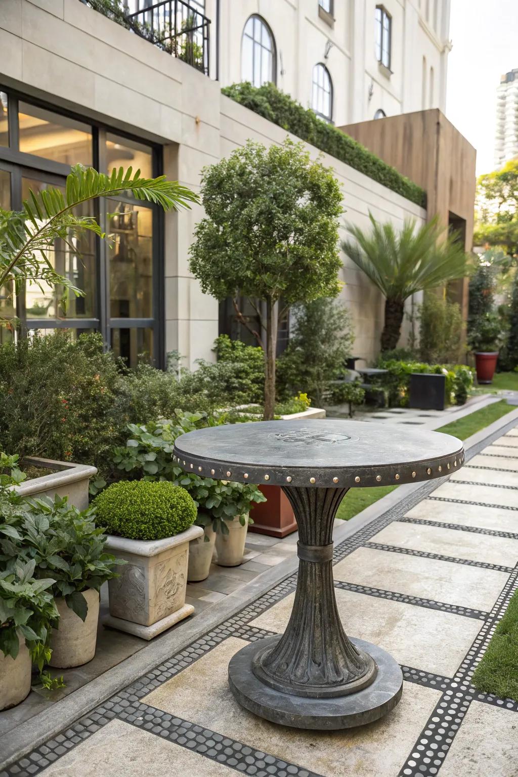 Metallic table tops introduce an industrial cutting-edge vibe to outdoor design.