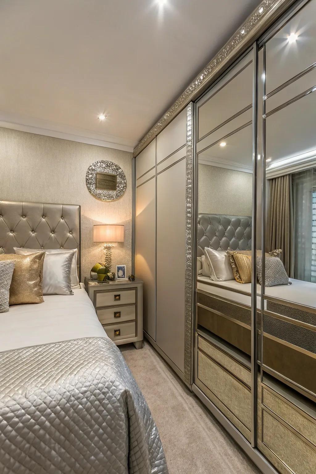 Reflective metallics incorporate light and luxury into small bedroom designs.