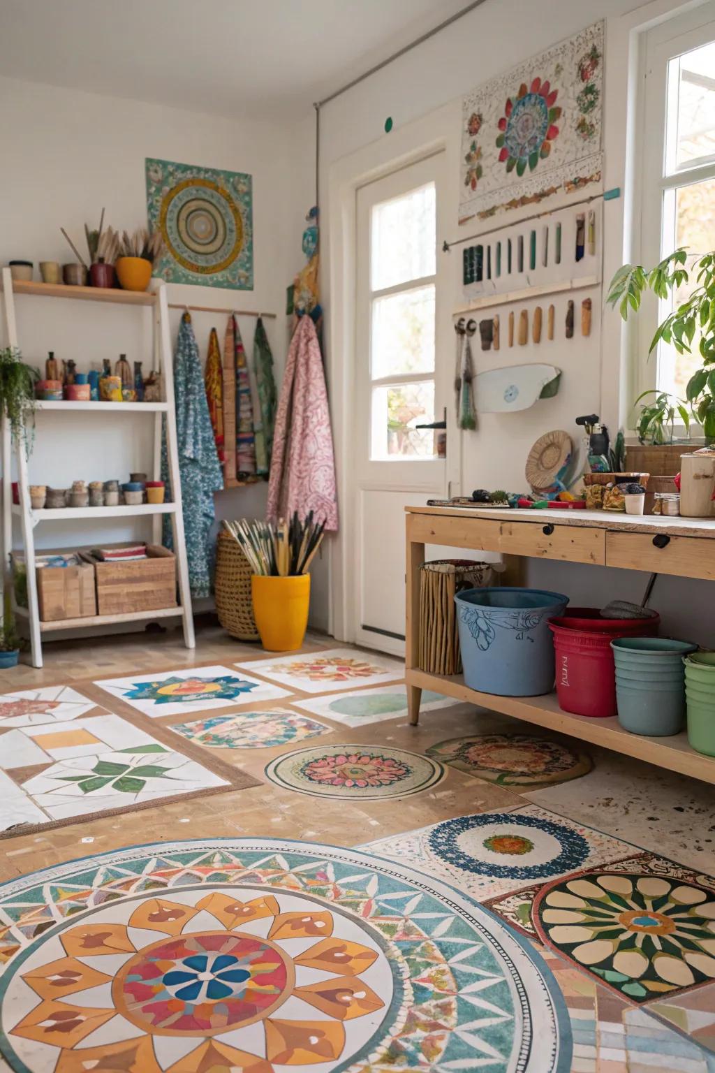 Mosaic patterns transform floors into artistic canvases.