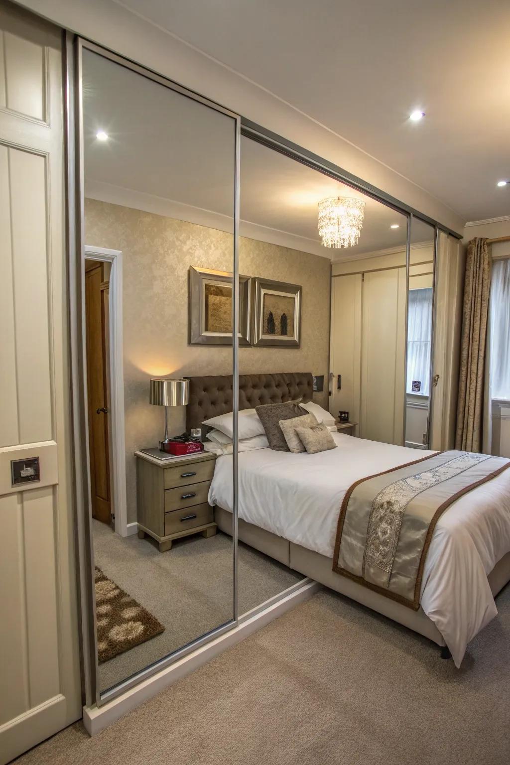 Mirrored dividers fashion an illusion of space.