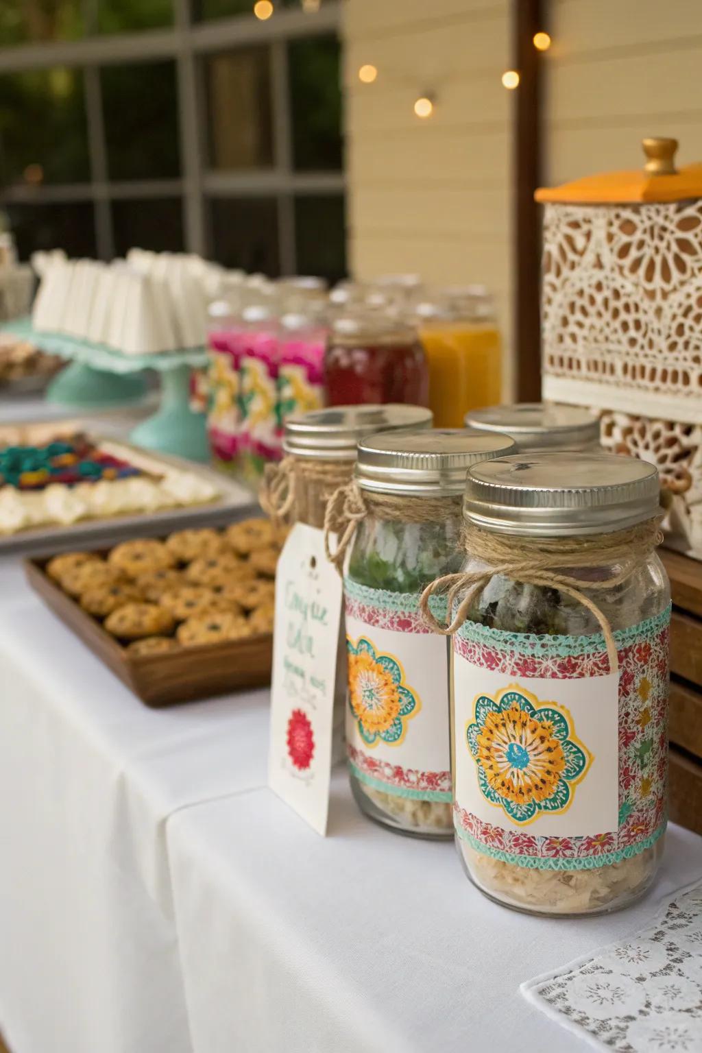 Showcasing DIY party favors with custom labels and hand-painted jars.
