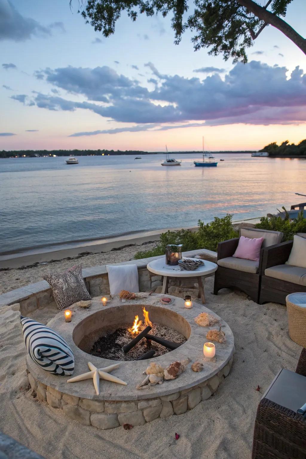 With a coastal-themed firepit area, transport the beach to your backyard.